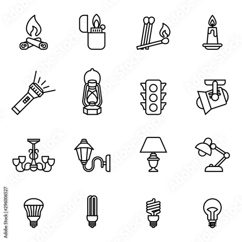 Source of light icon set with white background. Thin line style stock vector.