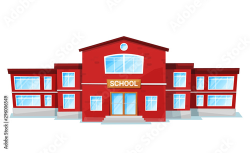 School in red color, educational architecture with big windows. Exterior of studying construction, schoolhouse object, front view of learning building. Vector illustration in flat cartoon style