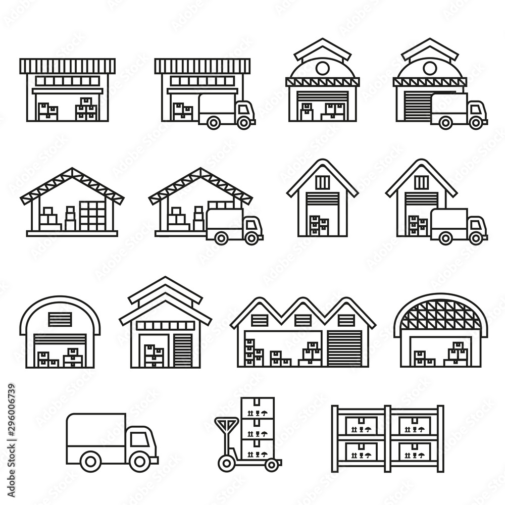 warehouse icons set with white background. Thin Line Style stock vector.
