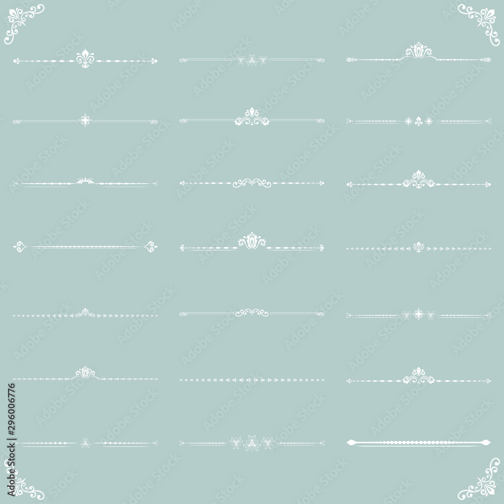 Vintage set of vector decorative white elements. Horizontal separators in the frame. Collection of different ornaments. Classic patterns. Set of vintage patterns