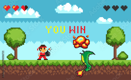 Computer pixel game interface, pixalated personage holding bomb standing near defeated dinosaur with fire, 8 bit portrait view of fight monster and character, hero battle in video-game, you win duel