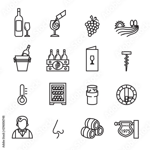 Wine related vector icons set - vector line symbols of bottle, glass or pub logo elements.