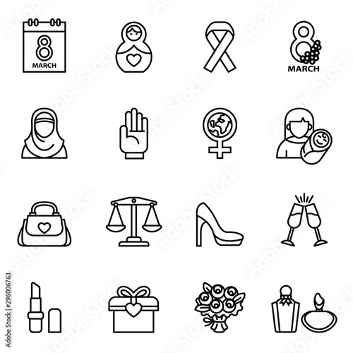 Women's day icon set with white background. Thin Line Style stock vector.