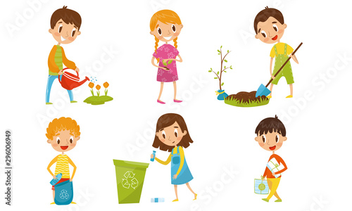 Teenagers At Volunteers Works Of Planting And Cleaning The Planet Vector Illustrations Set