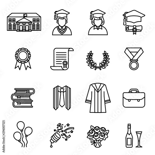Graduation day. College & University education icon set with white background. Thin Line Style stock vector.