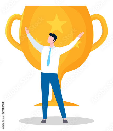 Victorious person, man with trophy. Male wearing formal clothing, prize with star, golden cup with handles. Winner victory in business. Vector illustration in flat cartoon style photo