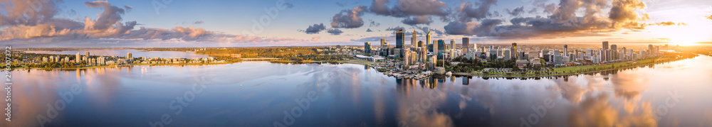 Fototapeta Ultra wide aerial panoramic view of the beautiful city of Perth at sunrise