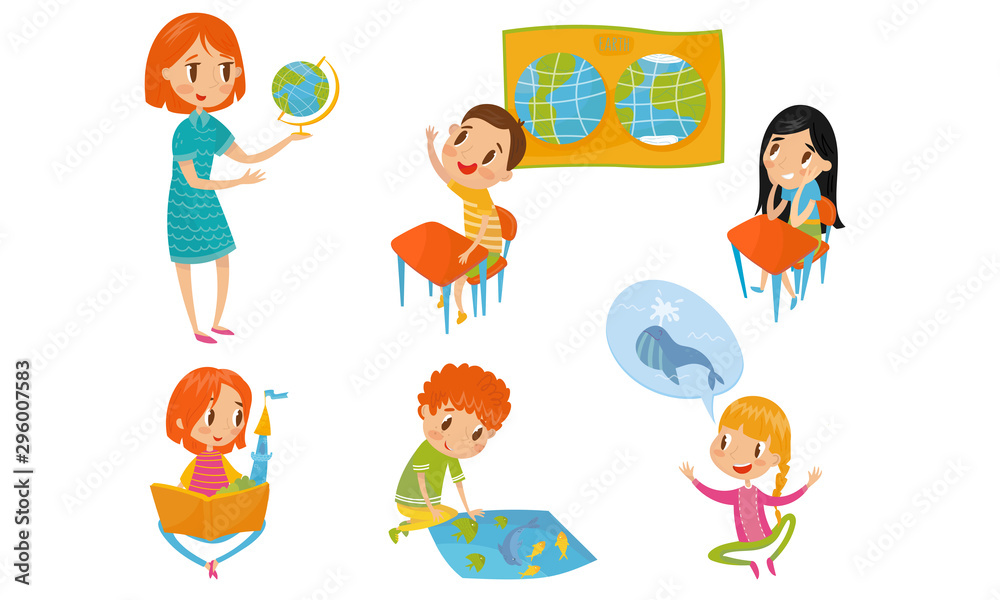 Scenes Of School Life With Children And Teacher Vector Illustration Set Scenes Of School Life With Children And Teacher Vector Illustration Set