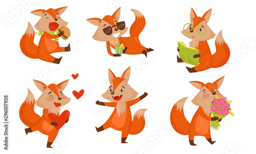 Funny Cute chanterelle Animal Cartoon Character Vector Isolated Set