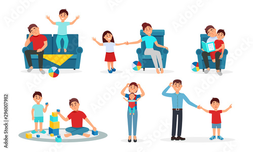 Parenting Lifestyle Vector Illustrations. Frustrated Parents Playing With Their Kid