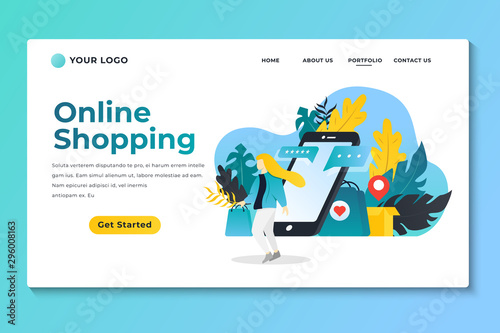 Modern flat design concept of Online Shopping for website and mobile website development. Landing page template. E-commerce market  shopping payment or customer support. Vector illustration.