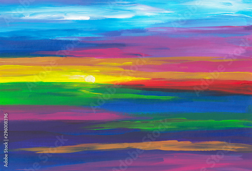 Abstract landscape painting. Colorful sunset on meadow