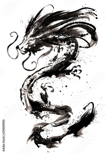 A Chinese dragon with glowing eyes and a blotchy mane painted in ink . 2D illustration photo