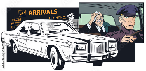 Limousine driver meets businessman at airport.
