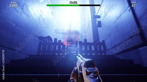 3D imitation of gameplay of first-person shooter. Walkthrough with gun, striking spheres with points and going up on flying platform. Score, health and time indicators are in top of computer screen photo