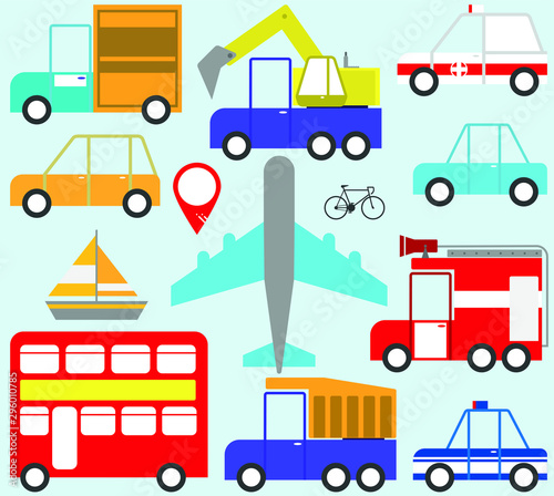 Cute miniatures depicting urban transport, airplane, sailboat.