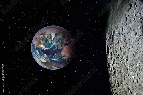 Moon surface and Earth on the horizon. Space art fantasy. Elements of this image furnished by NASA