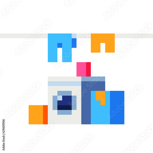 Laundry pixel art vector illustration,  washing machine and laundry baskets, design for logo, web, sticker, mobile app. Game assets 8-bit sprite.