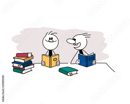 Doodle stick figure: Two men reading books. Hand drawn cartoon vector illustration for business and school design.
