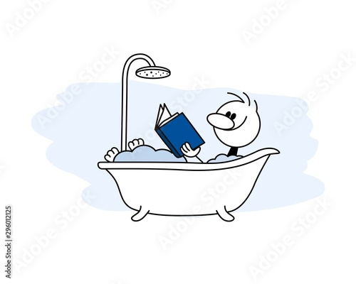 Doodle stick figure: Man taking bubbled bath and reading a book. Hand drawn cartoon vector illustration.