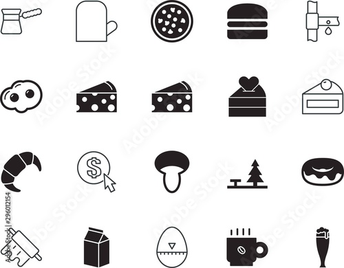 food vector icon set such as: light, time, deadline, draw, cheeseburger, full, gardening, cappuccino, recreation, umbrella, cap, cylinder, work, donuts, glass, cezve, protection, croissant, pay