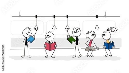 Doodle stick figure: People reading a books in train at the subway. Hand drawn cartoon vector illustration.