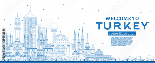 Outline Welcome to Turkey Skyline with Blue Buildings.