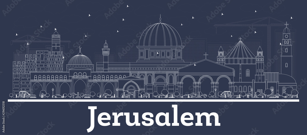 Fototapeta premium Zarys panoramę miasta Jerozolima, Izrael z białymi budynkami.