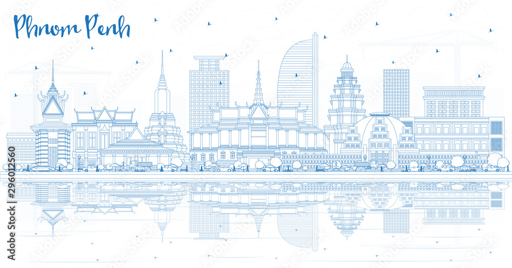Outline Phnom Penh Cambodia City Skyline with Blue Buildings and Reflections.