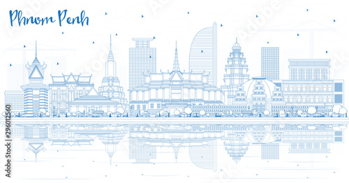 Outline Phnom Penh Cambodia City Skyline with Blue Buildings and Reflections.