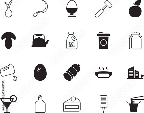 food vector icon set such as: pastry, salami, cutting, aluminium, s, innovation, ketchup, handle, pork, take, tenderizer, chopping, architecture, production, tourism, cut, sketch, modern, champagne