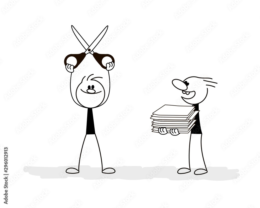 Doodle stick figure: Little people with scissors and pack of paper sheet. Doodle cute miniature scenes. Hand drawn cartoon vector illustration for business and school design. Doodle stick figure: Little people with scissors and pack of paper sheet. Doodle cute miniature scenes. Hand drawn cartoon vector illustration for business and school design.