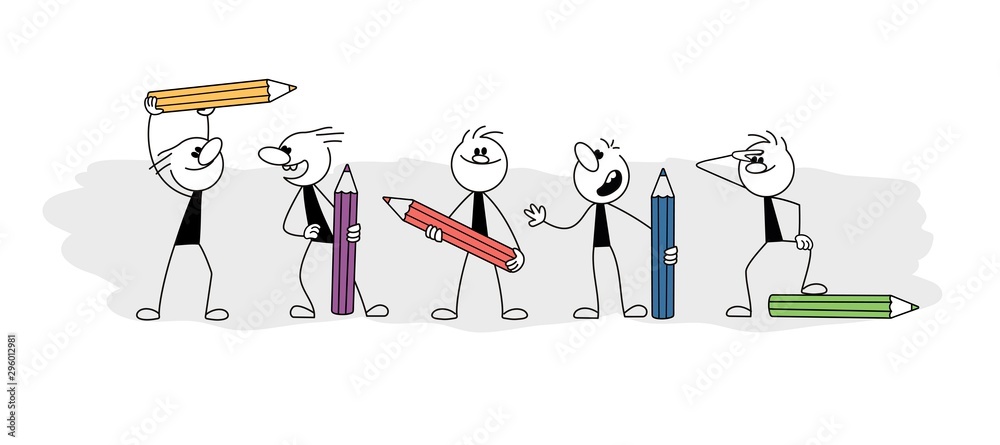 Doodle stick figure: Pencils with little people. Doodle cute miniature scenes. Hand drawn cartoon vector illustration for business and school design. Doodle stick figure: Pencils with little people. Doodle cute miniature scenes. Hand drawn cartoon vector illustration for business and school design.