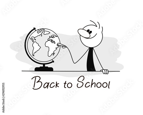 Doodle stick figure: Teacher looking & pointing index finger at geographical location. Back to school card. Vector illustration