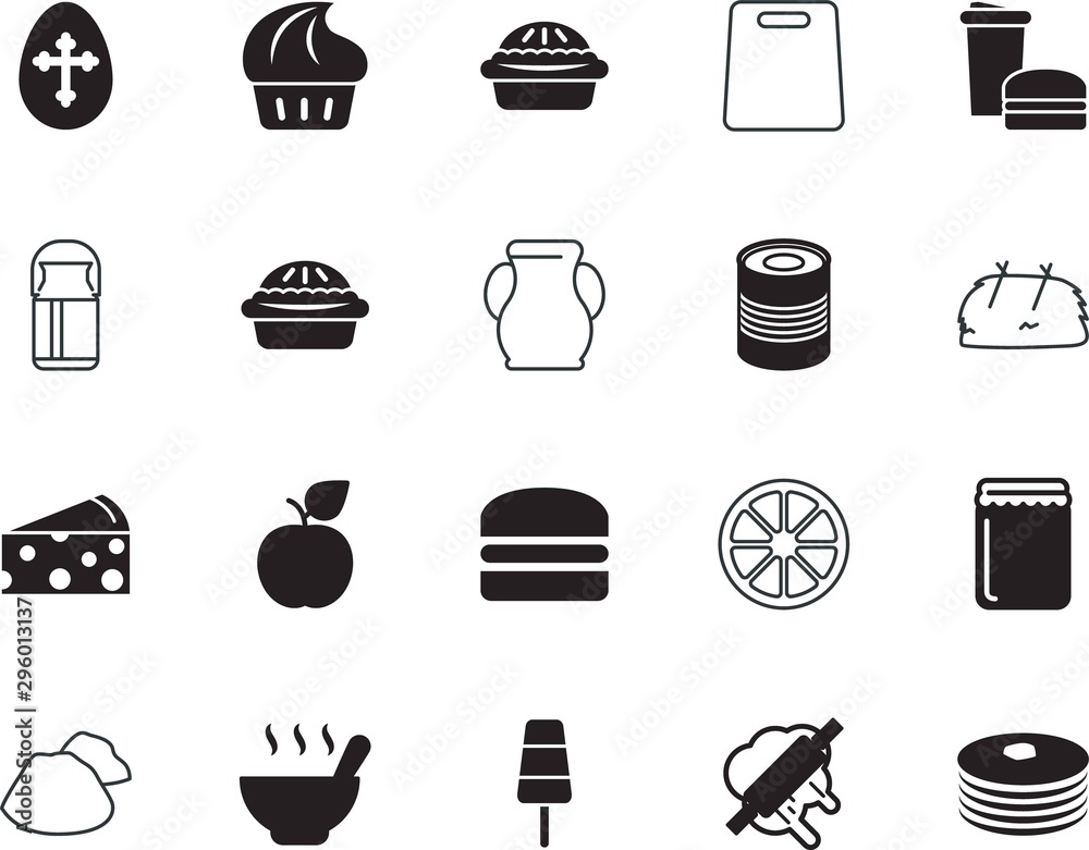 food vector icon set such as: board, line, spoon, pancakes, table, environment, cow, egg, wood, roll, fried, pile, rubbish, lime, bale, conserve, ranch, ripe, pollution, ingredient, knife, tin, rye