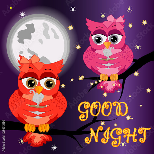 A sweet fairy-tale pink owl in a hat for dream dreams, sings a lullaby, lulls the sky, the moon and stars sitting on a sleeping sickle of the moon among a dark night sky and stars