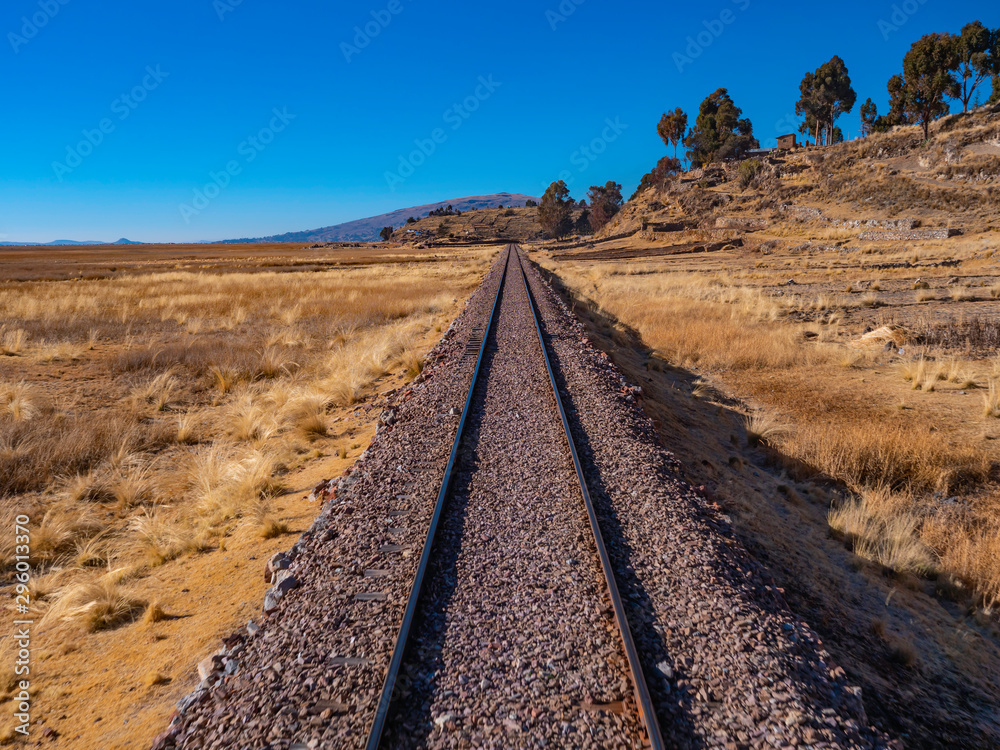 Lonely train track in middle of peruvian Andes. A way to start a travel. Route between Puno and Cuzco del Peru Rail, Puno Region, Peru