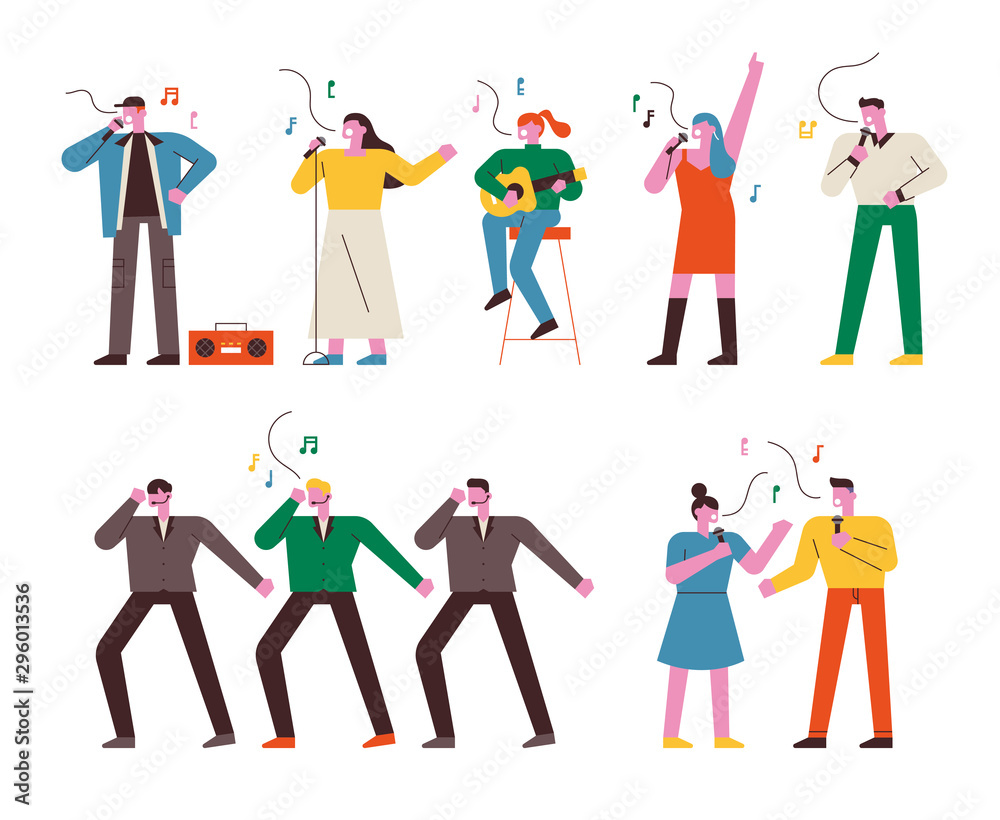 People singing, dancing and playing musical instruments. Song contest. flat design style minimal vector illustration.
