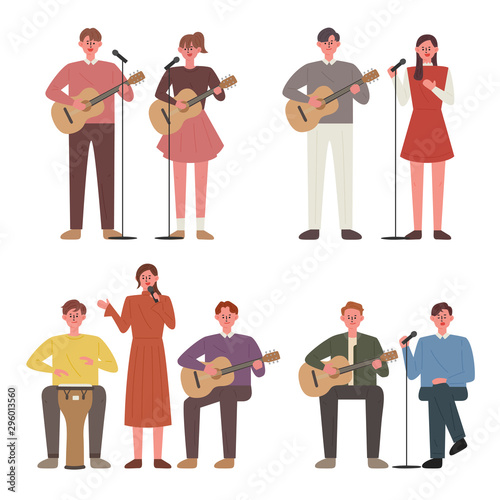 People play guitar and sing. Busking members. flat design style minimal vector illustration.