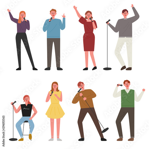 People are singing in various poses. flat design style minimal vector illustration.