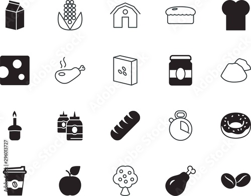 food vector icon set such as: native, structure, cute, sugar, animal, alarm, decaying, barn, door, time, gold, bone, sauce, rubbish, chefs, dough, religion, golden, doughnut, hole, paschal