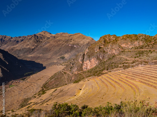 Panoramic view of the ancient Inca ruins of Pisac Archaeological Park. Pisac in the Sacred Valley near Cusco  Peru.