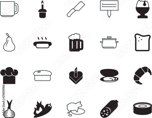food vector icon set such as: burn, cofee, summer, shellfish, army, trip, ocean, tradition, mexican, cleaver, tin, flame, seedlings, wedding, ketchup, cut, nobody, flames, croissants, sausages, can