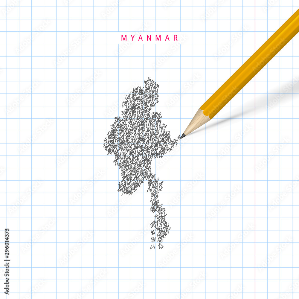 Myanmar sketch scribble vector map drawn on checkered school notebook ...