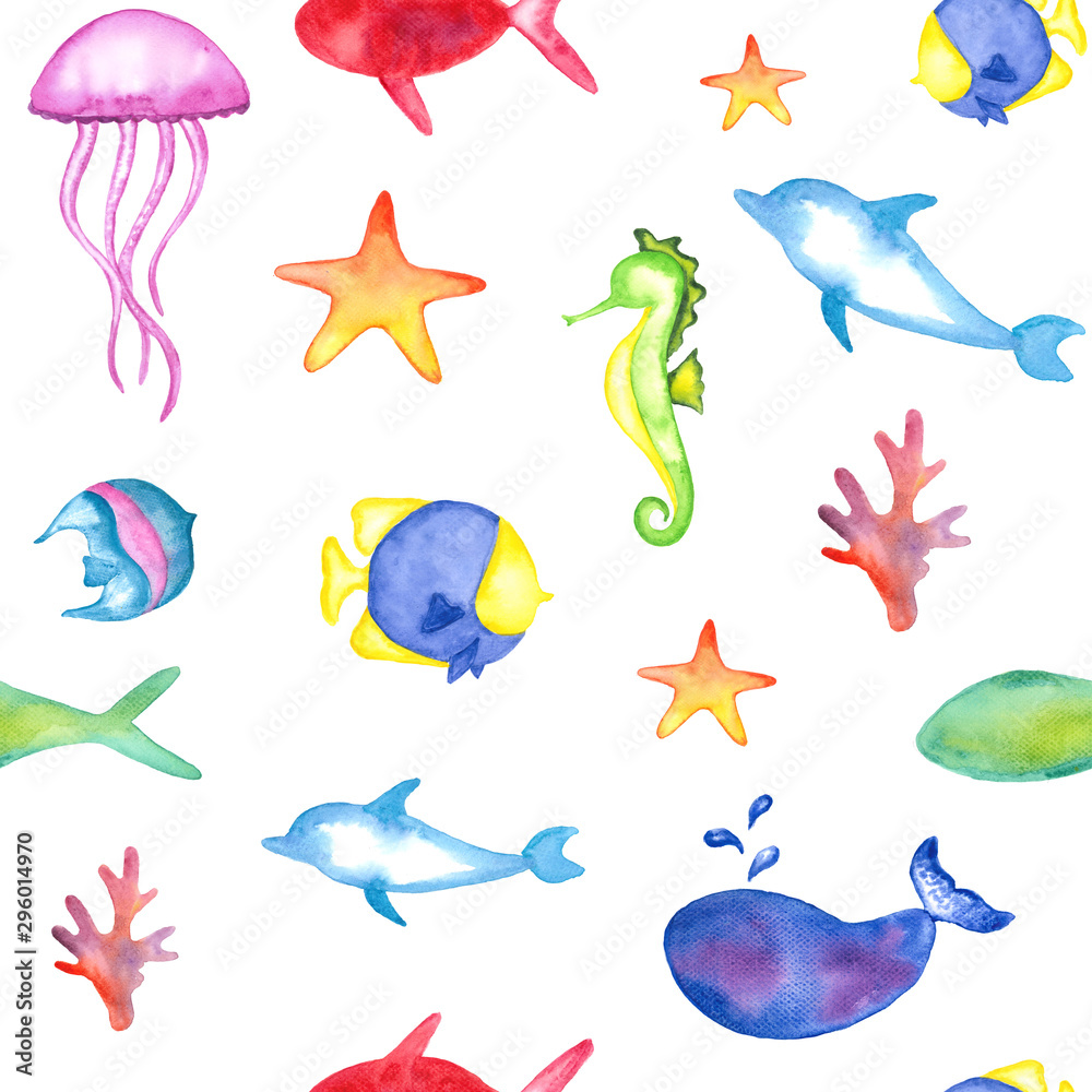 Obraz premium Seamless Kids Pattern. Colorful Watercolor Sea Animals on the White Background.