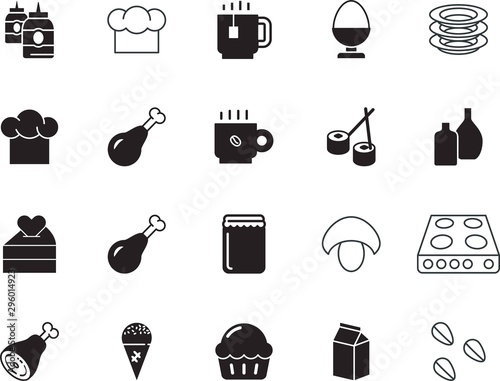 food vector icon set such as: house, corn, mushrooms, jam, marmalade, mushroom, cold, crop, tableware, one, fabrication, maki, valentine, electric, take, linear, package, wedding, chia, sesame