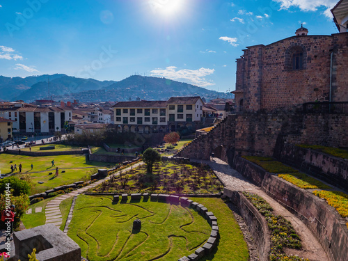 Outside Convent of Santo Domingo with gardens and ruins of Qorikancha Temple (Coricancha), City of Cusco, Peru