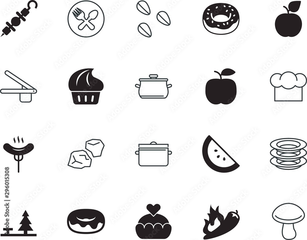 food vector icon set such as: turkish, crusher, mushroom, household, trash, chili, fire, job, environment, steel, hat, lovely, professional, dog, dish, slice, person, feeling, french, raw