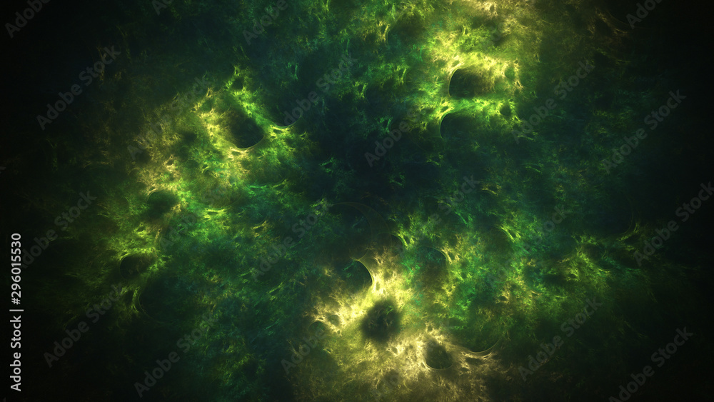 Abstract green and yellow swirly shapes. Fantasy light background. Digital fractal art. 3d rendering.