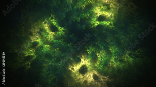 Abstract green and yellow swirly shapes. Fantasy light background. Digital fractal art. 3d rendering.